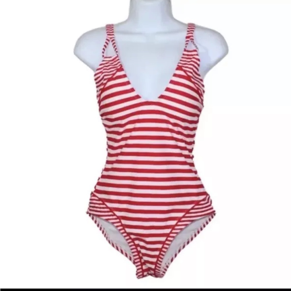Womens' Double Strap One Piece Swimsuit - Kona Sol Red & White Stripe Size L NWT